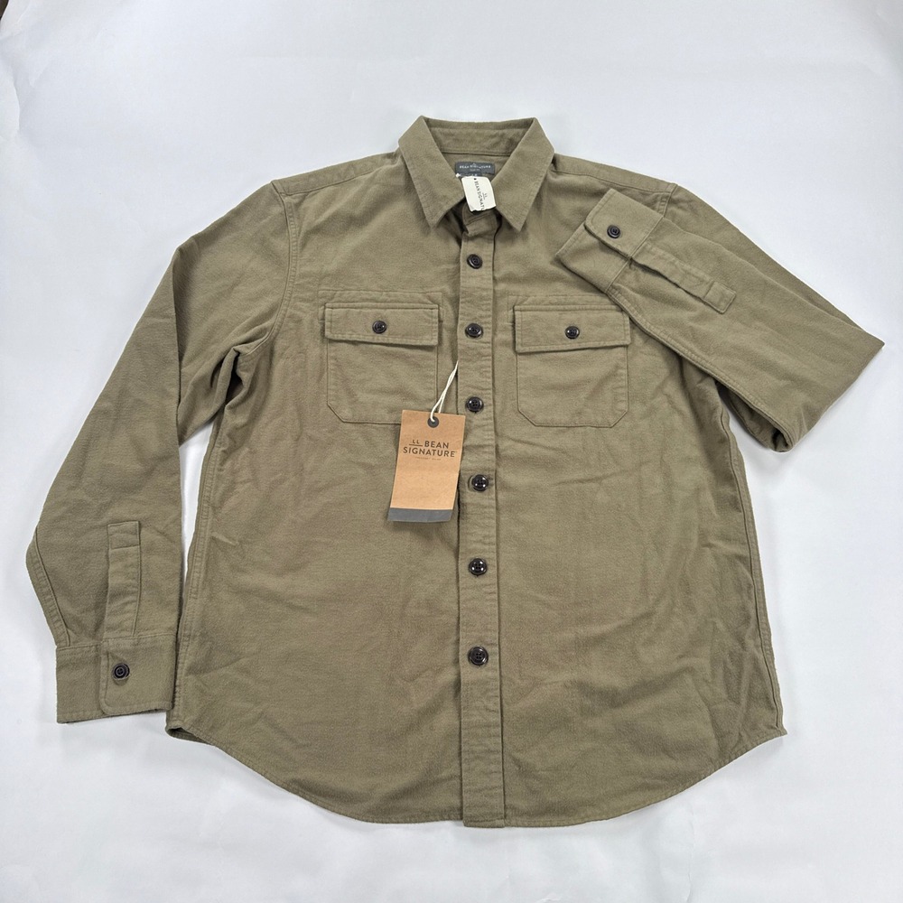 LL Bean Mens Shirt L Green Signature 1933 Chamois Cloth Slim Fit Button Down